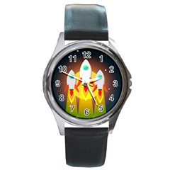 Rocket Take Off Missiles Cosmos Round Metal Watch by Wegoenart