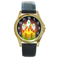 Rocket Take Off Missiles Cosmos Round Gold Metal Watch by Wegoenart