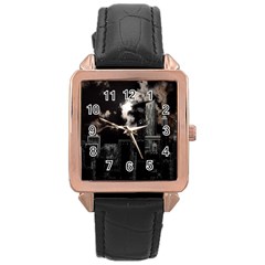 City Night Moon Skyline Skyscraper Rose Gold Leather Watch 