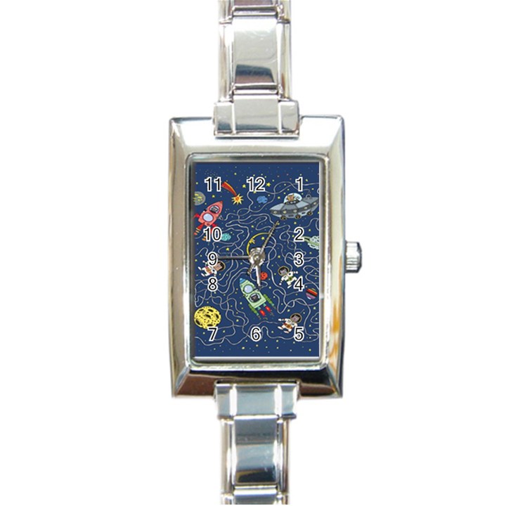 Cat Cosmos Cosmonaut Rocket Rectangle Italian Charm Watch