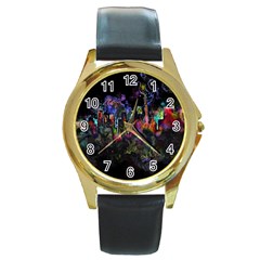 Grunge Paint Splatter Splash Ink Round Gold Metal Watch by Wegoenart