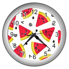 Cute Smiling Watermelon Seamless Pattern White Background Wall Clock (silver) by Nexatart