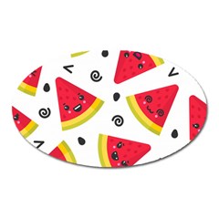 Cute Smiling Watermelon Seamless Pattern White Background Oval Magnet by Nexatart