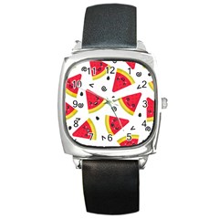 Cute Smiling Watermelon Seamless Pattern White Background Square Metal Watch by Nexatart