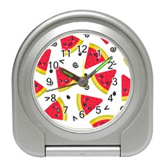 Cute Smiling Watermelon Seamless Pattern White Background Travel Alarm Clock by Nexatart