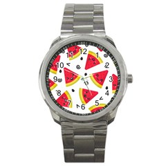 Cute Smiling Watermelon Seamless Pattern White Background Sport Metal Watch by Nexatart