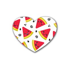 Cute Smiling Watermelon Seamless Pattern White Background Heart Coaster (4 Pack) 