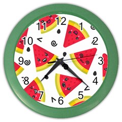 Cute Smiling Watermelon Seamless Pattern White Background Color Wall Clock by Nexatart