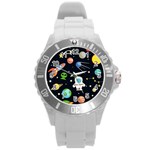 Space Astronomy Decorative Symbols Seamless Pattern Vector Illustration Round Plastic Sport Watch (L) Front