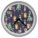 Boston Terrier Welsh Corgi Puppies Seamless Pattern Wallpaper Wall Clock (Silver) Front