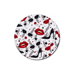 Red Lips Black Heels Pattern Rubber Round Coaster (4 Pack)  by Nexatart