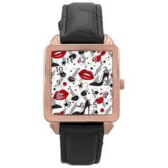 Red Lips Black Heels Pattern Rose Gold Leather Watch  by Nexatart