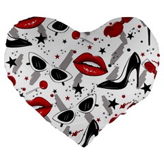 Red Lips Black Heels Pattern Large 19  Premium Flano Heart Shape Cushions by Nexatart