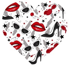 Red Lips Black Heels Pattern Wooden Puzzle Heart by Nexatart