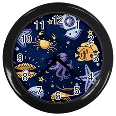 Marine Seamless Pattern Thin Line Memphis Style Wall Clock (black)