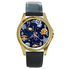 Marine Seamless Pattern Thin Line Memphis Style Round Gold Metal Watch by Nexatart