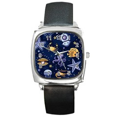 Marine Seamless Pattern Thin Line Memphis Style Square Metal Watch by Nexatart