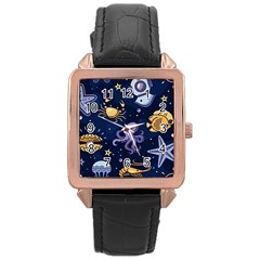 Marine Seamless Pattern Thin Line Memphis Style Rose Gold Leather Watch  by Nexatart