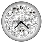 Circle Shape Pattern With Cute Owls Coloring Book Wall Clock (Silver) Front