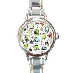 Seamless Pattern With Funny Monsters Cartoon Hand Drawn Characters Colorful Unusual Creatures Round Italian Charm Watch by Nexatart