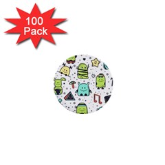 Seamless Pattern With Funny Monsters Cartoon Hand Drawn Characters Colorful Unusual Creatures 1  Mini Buttons (100 Pack)  by Nexatart