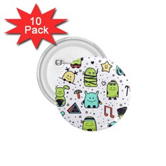 Seamless Pattern With Funny Monsters Cartoon Hand Drawn Characters Colorful Unusual Creatures 1 75  Buttons (10 Pack)