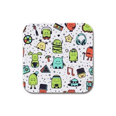 Seamless Pattern With Funny Monsters Cartoon Hand Drawn Characters Colorful Unusual Creatures Rubber Square Coaster (4 Pack)  by Nexatart