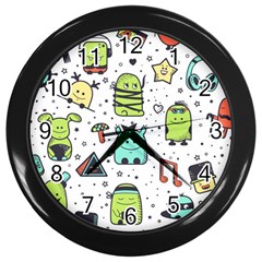 Seamless Pattern With Funny Monsters Cartoon Hand Drawn Characters Colorful Unusual Creatures Wall Clock (black)