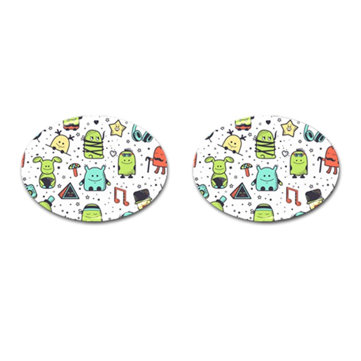 Seamless Pattern With Funny Monsters Cartoon Hand Drawn Characters Colorful Unusual Creatures Cufflinks (Oval)