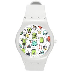 Seamless Pattern With Funny Monsters Cartoon Hand Drawn Characters Colorful Unusual Creatures Round Plastic Sport Watch (m) by Nexatart