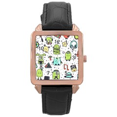 Seamless Pattern With Funny Monsters Cartoon Hand Drawn Characters Colorful Unusual Creatures Rose Gold Leather Watch  by Nexatart