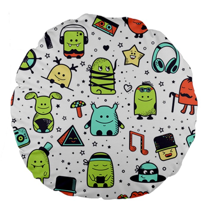 Seamless Pattern With Funny Monsters Cartoon Hand Drawn Characters Colorful Unusual Creatures Large 18  Premium Flano Round Cushions