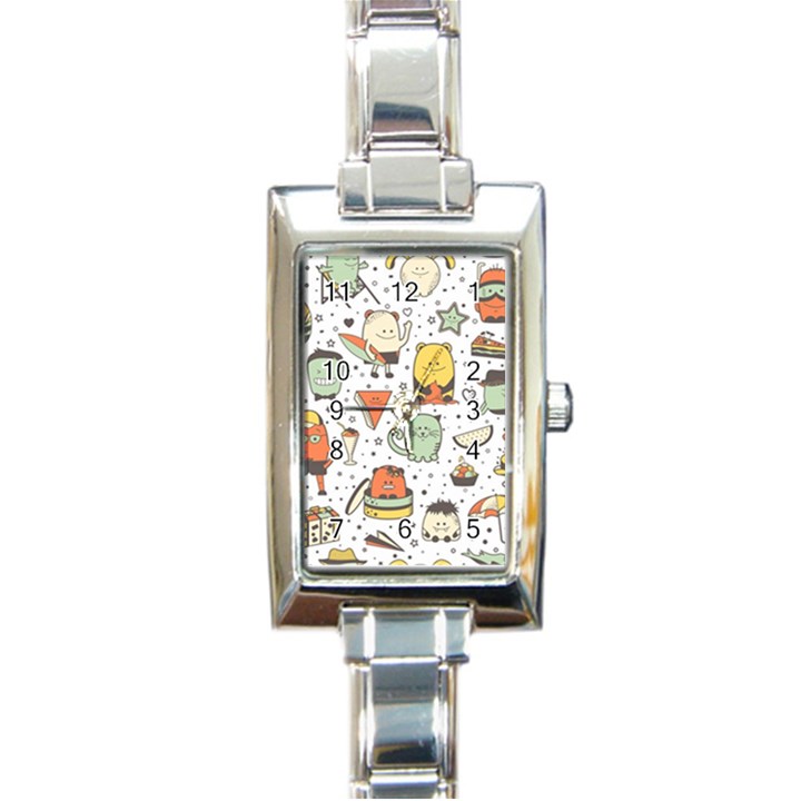 Funny Seamless Pattern With Cartoon Monsters Personage Colorful Hand Drawn Characters Unusual Creatu Rectangle Italian Charm Watch