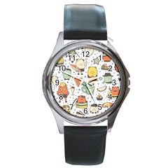 Funny Seamless Pattern With Cartoon Monsters Personage Colorful Hand Drawn Characters Unusual Creatu Round Metal Watch by Nexatart