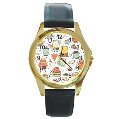 Funny Seamless Pattern With Cartoon Monsters Personage Colorful Hand Drawn Characters Unusual Creatu Round Gold Metal Watch by Nexatart