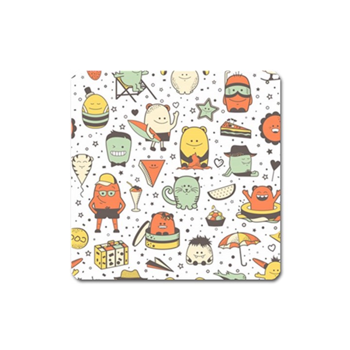 Funny Seamless Pattern With Cartoon Monsters Personage Colorful Hand Drawn Characters Unusual Creatu Square Magnet