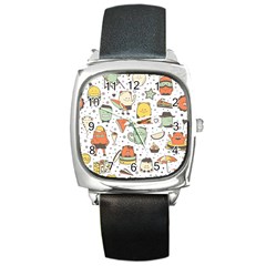 Funny Seamless Pattern With Cartoon Monsters Personage Colorful Hand Drawn Characters Unusual Creatu Square Metal Watch by Nexatart