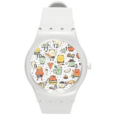 Funny Seamless Pattern With Cartoon Monsters Personage Colorful Hand Drawn Characters Unusual Creatu Round Plastic Sport Watch (m) by Nexatart