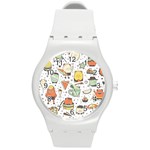 Funny Seamless Pattern With Cartoon Monsters Personage Colorful Hand Drawn Characters Unusual Creatu Round Plastic Sport Watch (M) Front