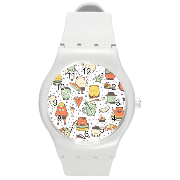 Funny Seamless Pattern With Cartoon Monsters Personage Colorful Hand Drawn Characters Unusual Creatu Round Plastic Sport Watch (M)