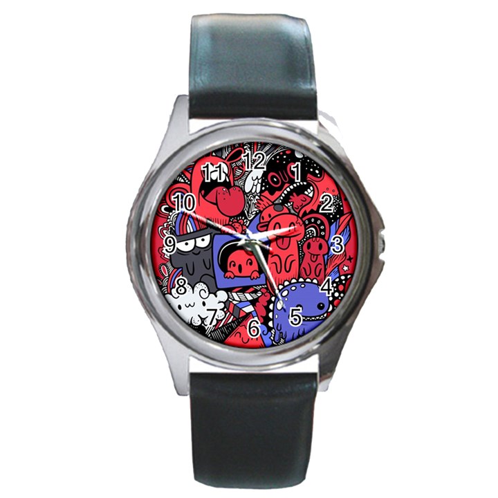 Abstract Grunge Urban Pattern With Monster Character Super Drawing Graffiti Style Vector Illustratio Round Metal Watch