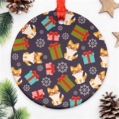 Welsh Corgi Dog With Gift Boxes Seamless Pattern Wallpaper Ornament (Round)