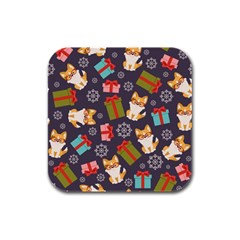 Welsh Corgi Dog With Gift Boxes Seamless Pattern Wallpaper Rubber Square Coaster (4 pack) 