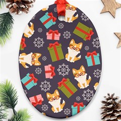 Welsh Corgi Dog With Gift Boxes Seamless Pattern Wallpaper Oval Ornament (Two Sides)