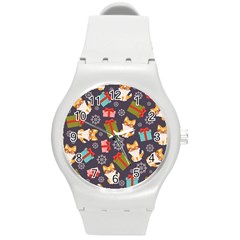 Welsh Corgi Dog With Gift Boxes Seamless Pattern Wallpaper Round Plastic Sport Watch (M)