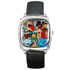 Abstract Grunge Urban Pattern With Monster Character Super Drawing Graffiti Style Square Metal Watch by Nexatart