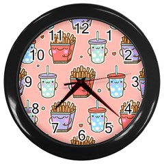 Cute Kawaii Food Seamless Pattern Wall Clock (black)