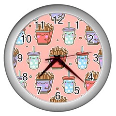 Cute Kawaii Food Seamless Pattern Wall Clock (Silver)