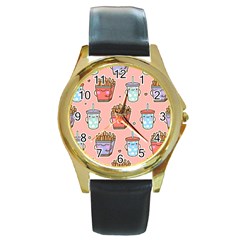 Cute Kawaii Food Seamless Pattern Round Gold Metal Watch