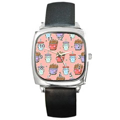 Cute Kawaii Food Seamless Pattern Square Metal Watch